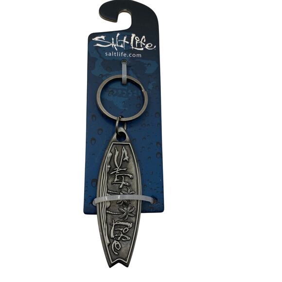 Salt Life Metal Surfboard Key Chain Bottle Opener Antiqued Gray Palm Trees NWT - Picture 1 of 4